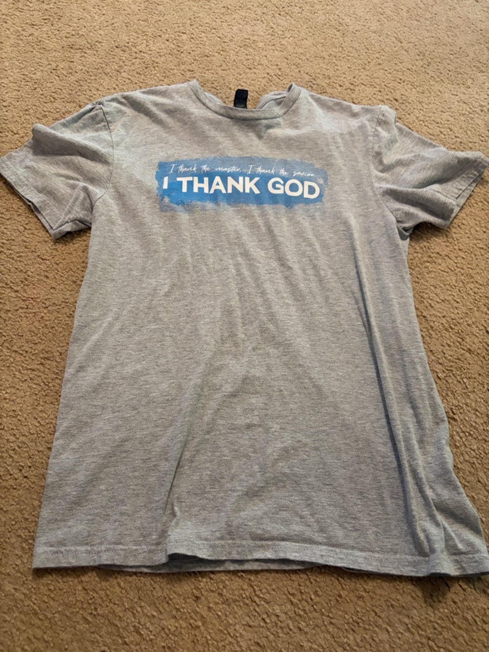 District Gray Short Sleeve Tee with Blue "I THANK GOD" Graphic